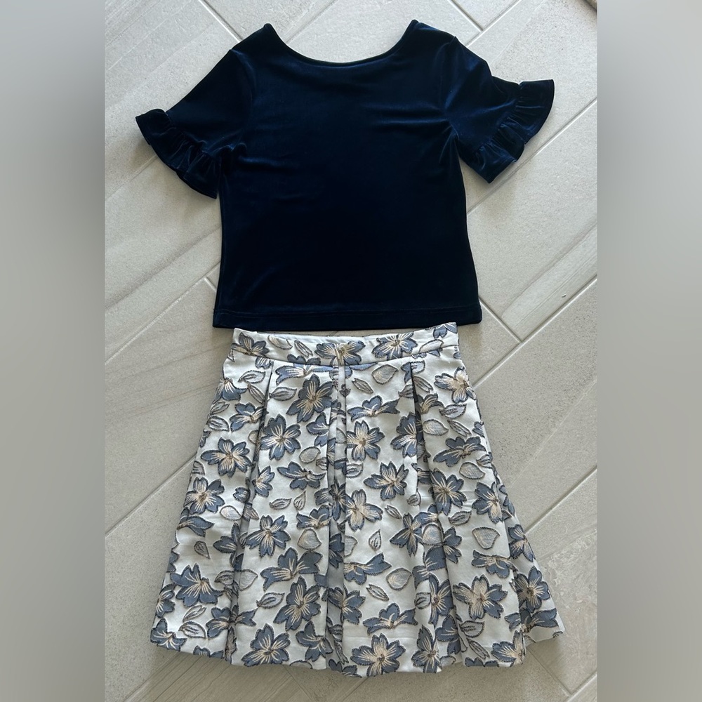 2pc Florence Eiseman Deep Blue Velvet Top and Gold, Blue Thread skirt